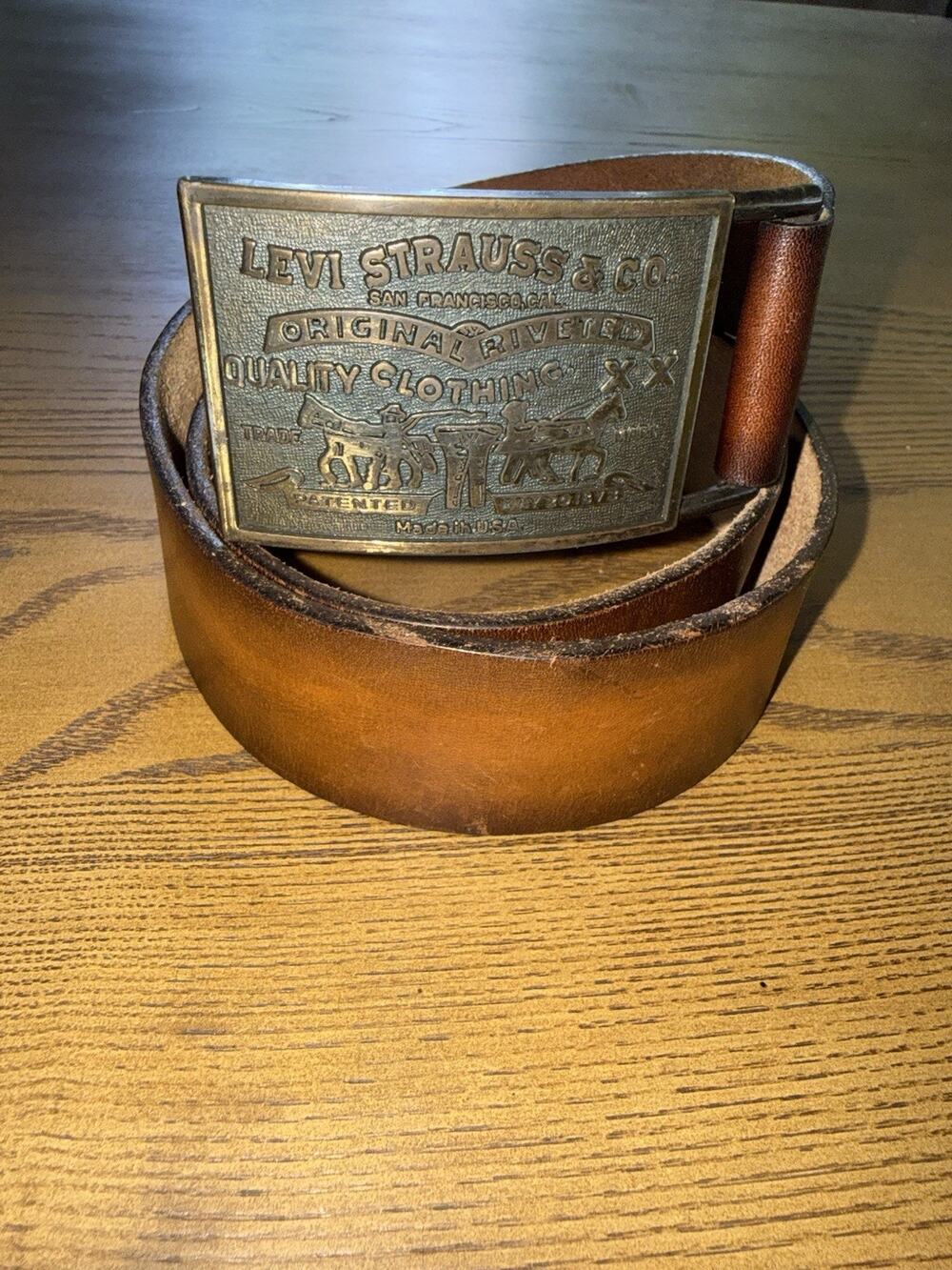 Vintage Levi’s Belt 34 Made USA Brown Cowhide Leather Two Horse Buckle